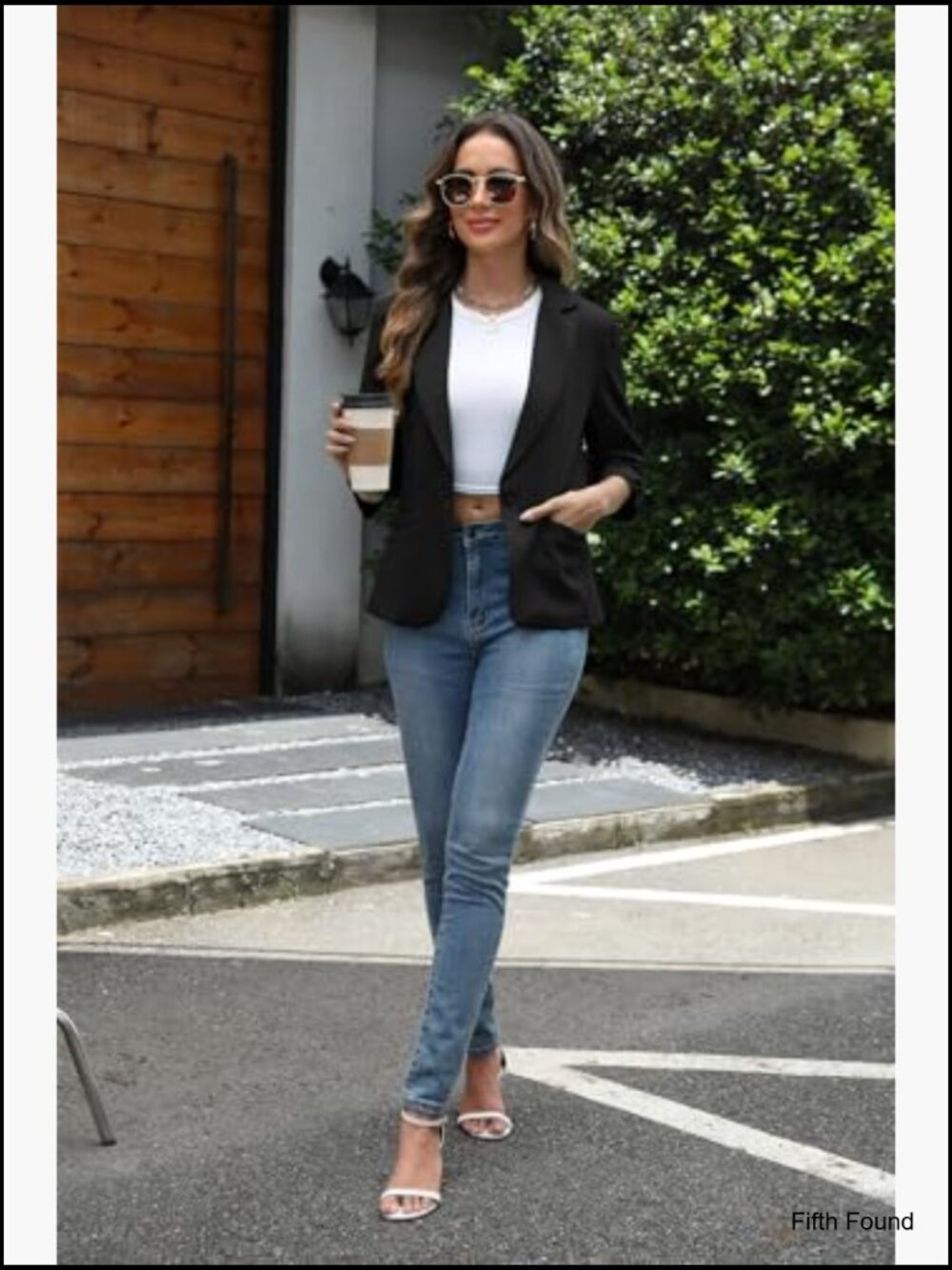 Slim Fit Blazer with Padded Shoulders Ruched 3/4 Sleeves Business Casual - Picture 4 of 7